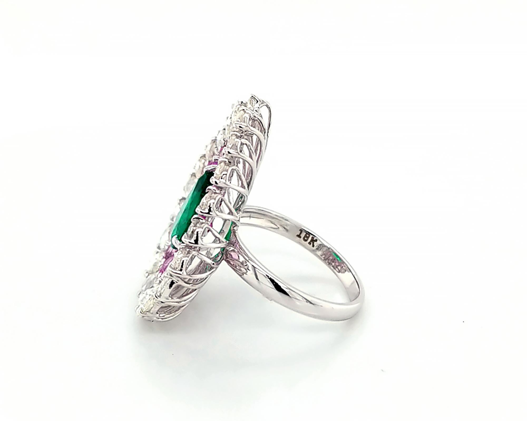 Women's Emerald Diamond Pink Sapphire Ring in 18 Karat Gold