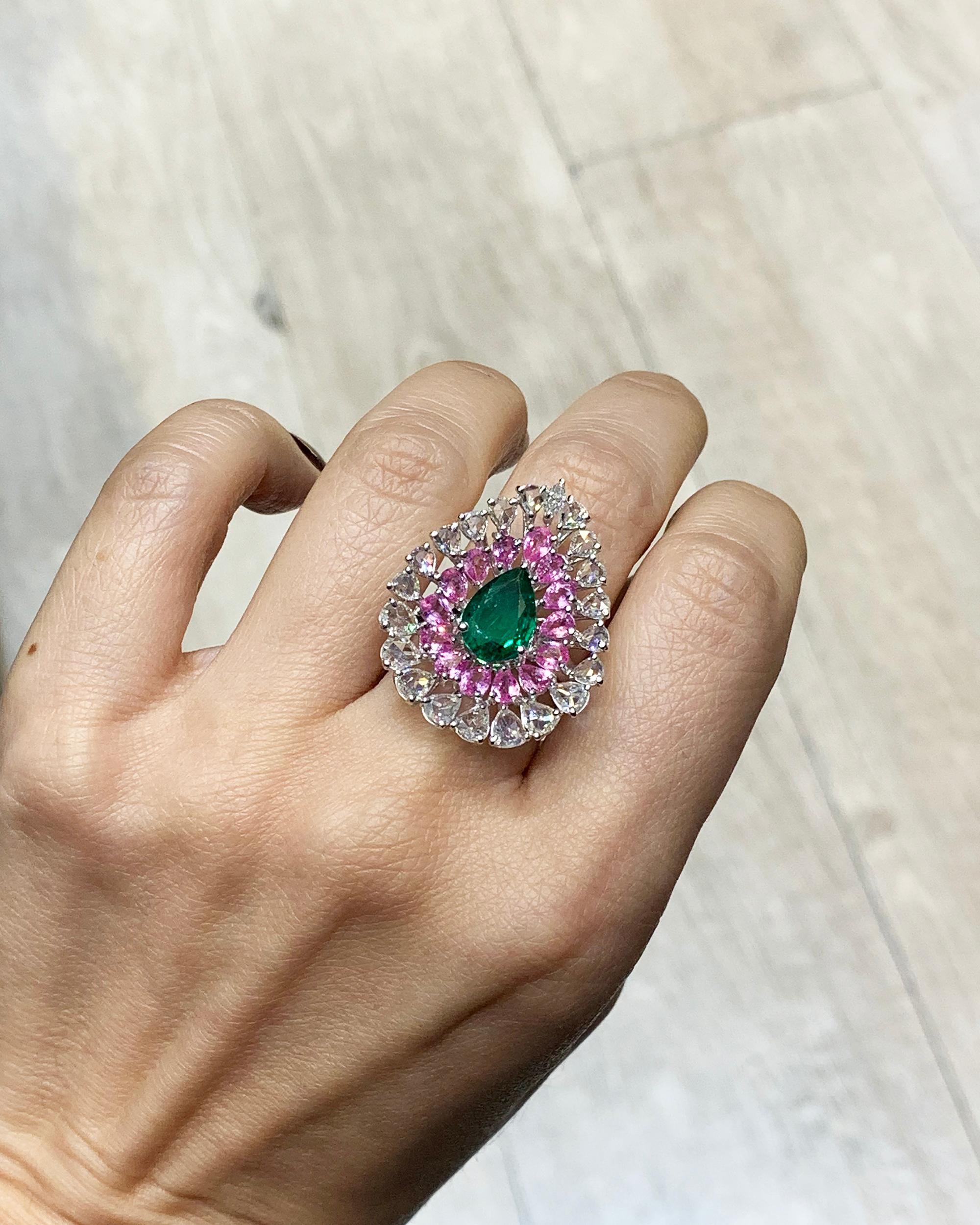 Emerald Diamond Pink Sapphire Ring in 18 Karat Gold 1