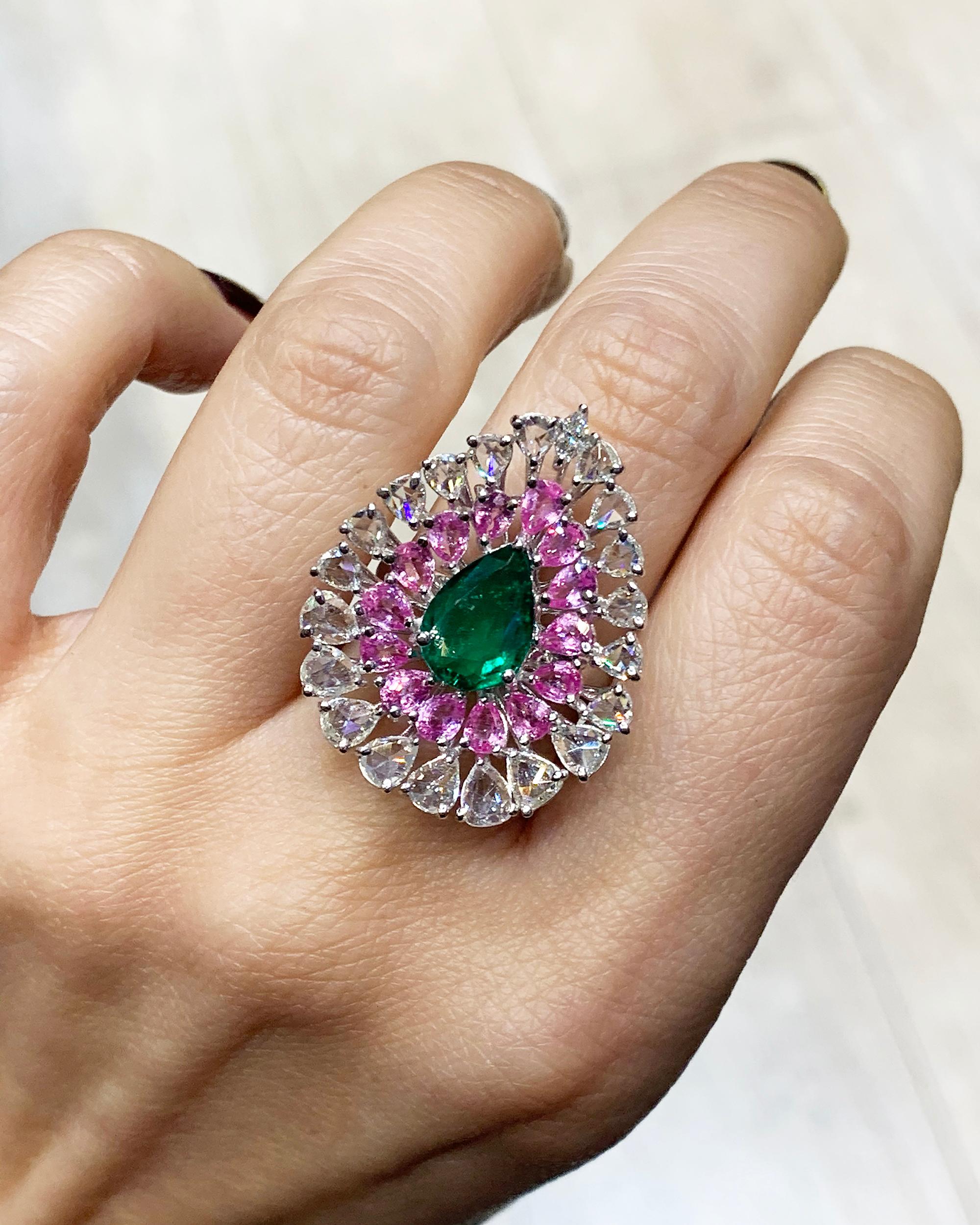 Emerald Diamond Pink Sapphire Ring in 18 Karat Gold 2