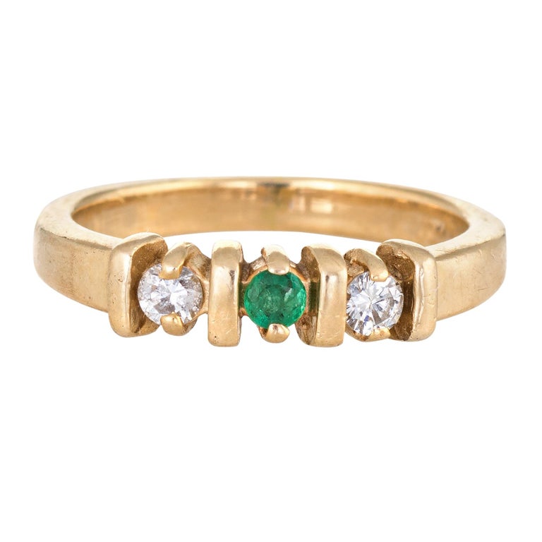 Emerald Diamond Pinky Ring Vintage 14 Karat Yellow Gold Estate Fine