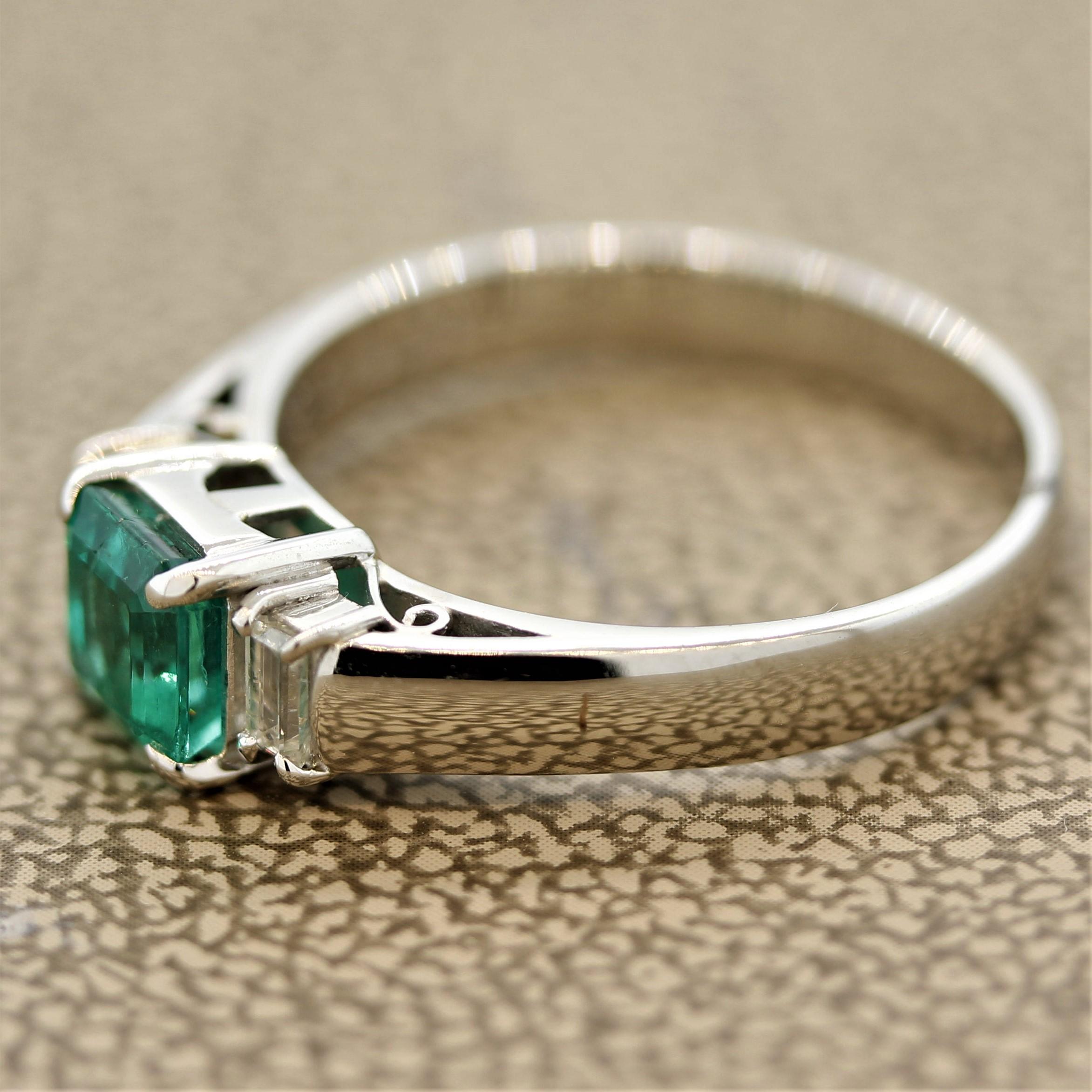 Mixed Cut Emerald Diamond Platinum 3-Stone Ring