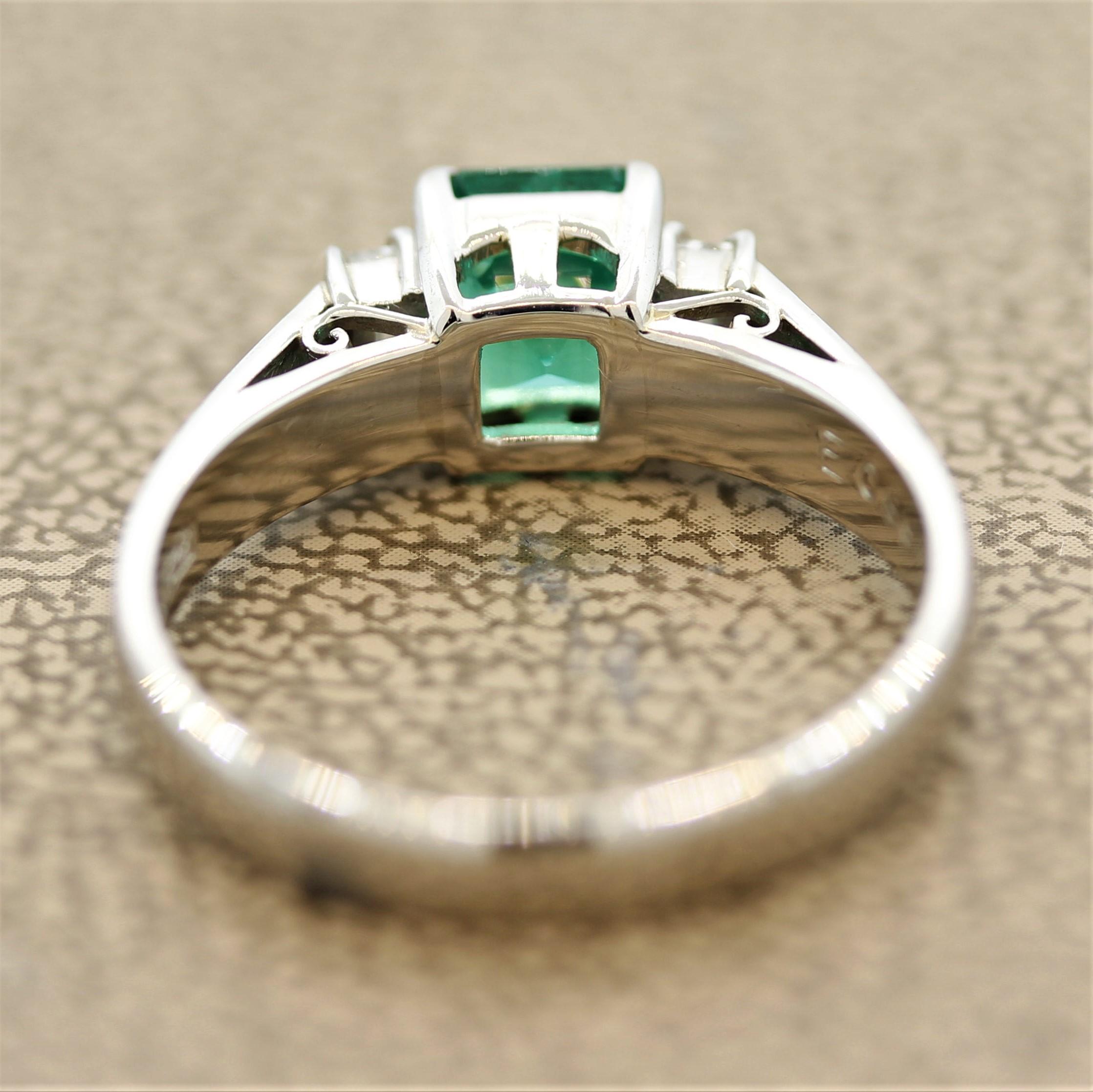 Emerald Diamond Platinum 3-Stone Ring In New Condition In Beverly Hills, CA