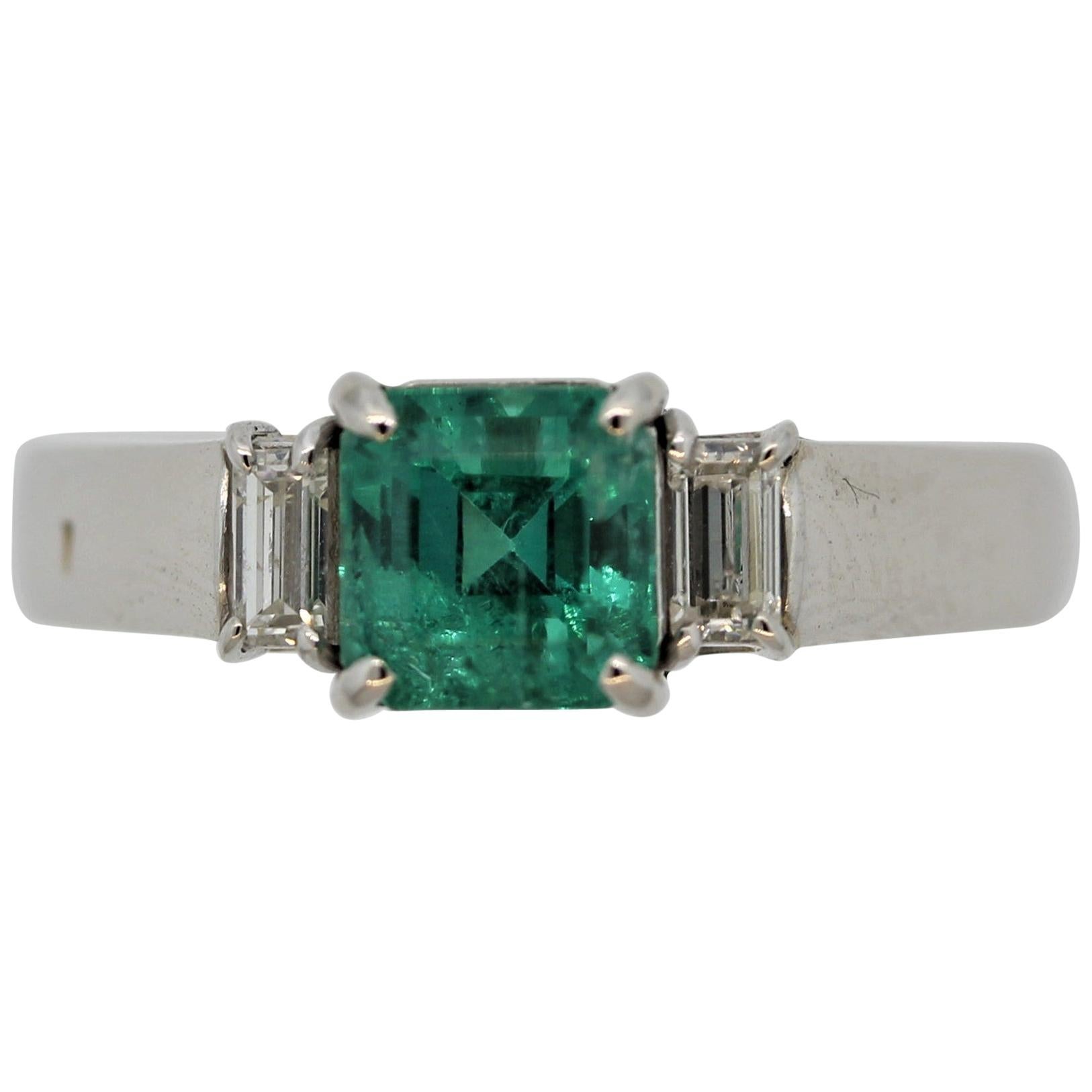 Emerald Diamond Platinum 3-Stone Ring