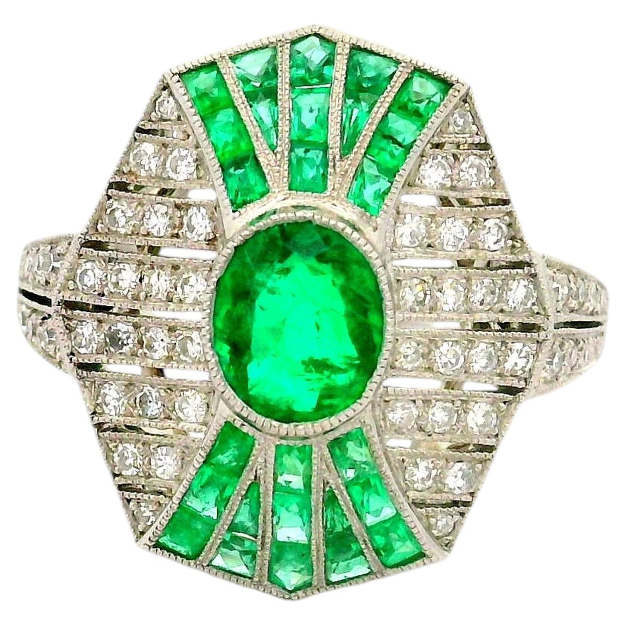 Emerald Diamond Platinum Art-Deco Style Ring For Sale