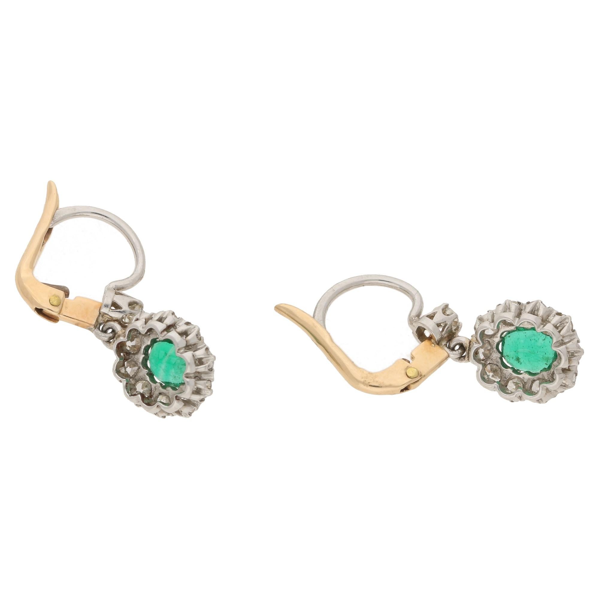 Emerald and Diamond Cluster Drop Earrings Set in Platinum In Good Condition In London, GB