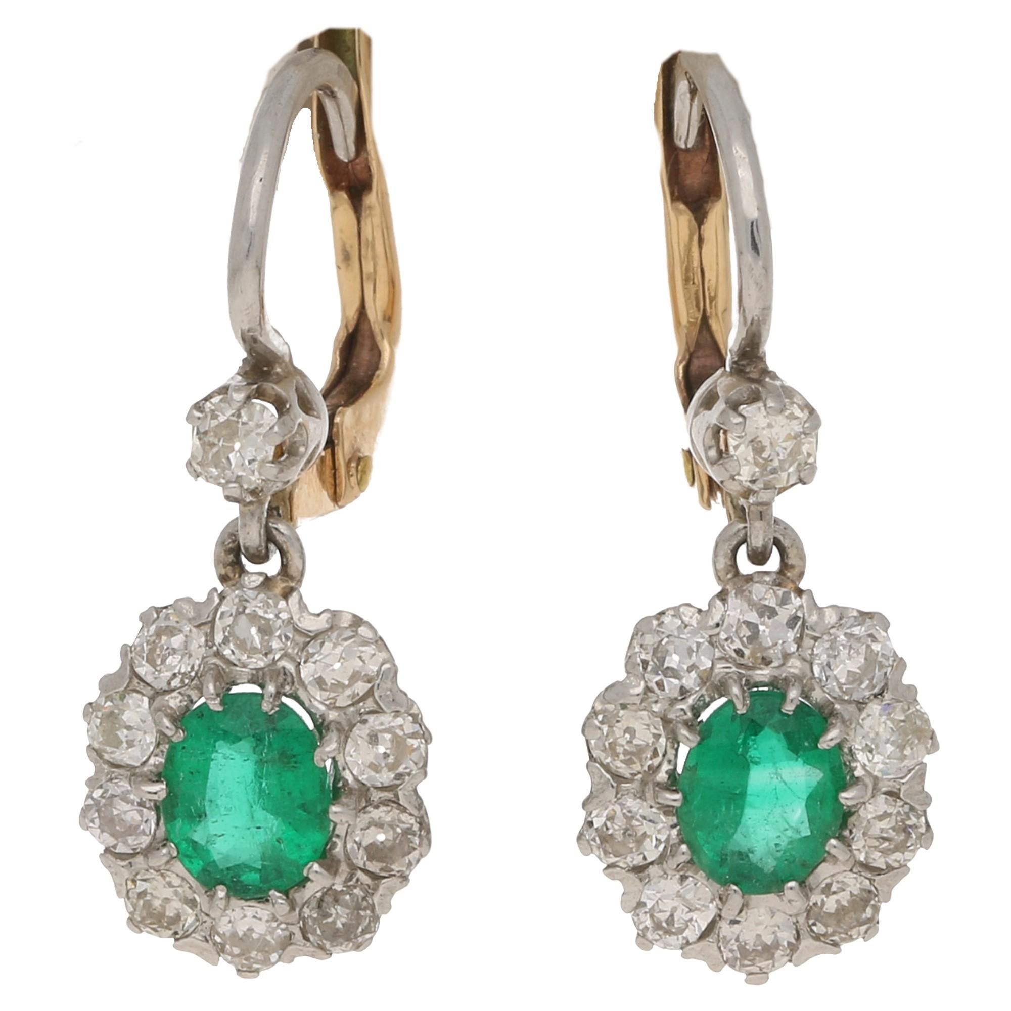 Emerald and Diamond Cluster Drop Earrings Set in Platinum