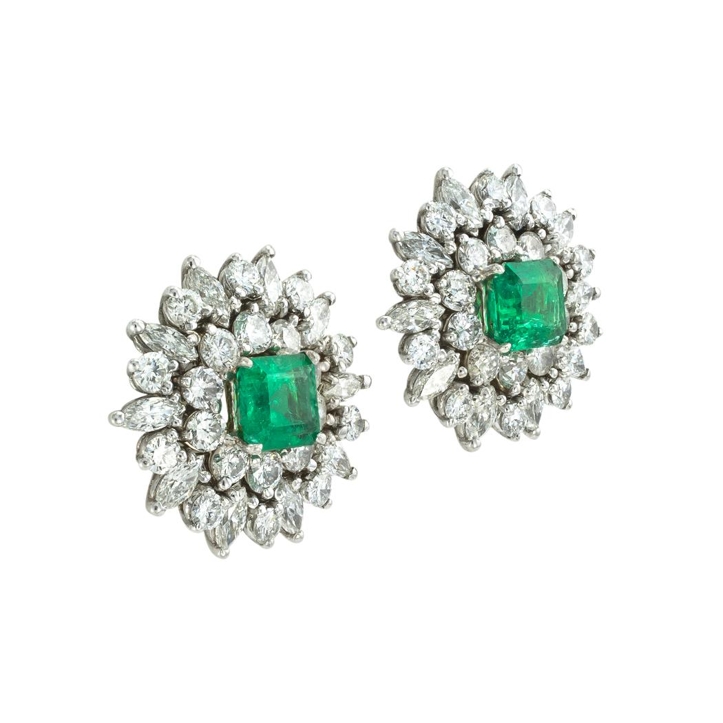 Modern Emerald Diamond Platinum Cluster Earrings For Sale