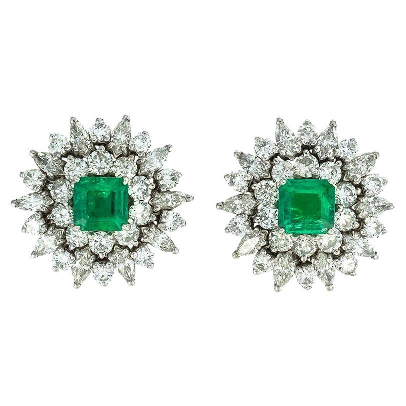 Emerald Diamond Platinum Cluster Earrings For Sale