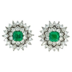 Retro Emerald Diamond Platinum Cluster Earrings