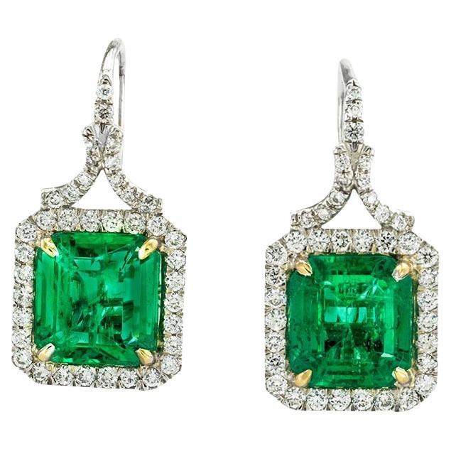 Emerald Diamond Platinum Drop Earrings