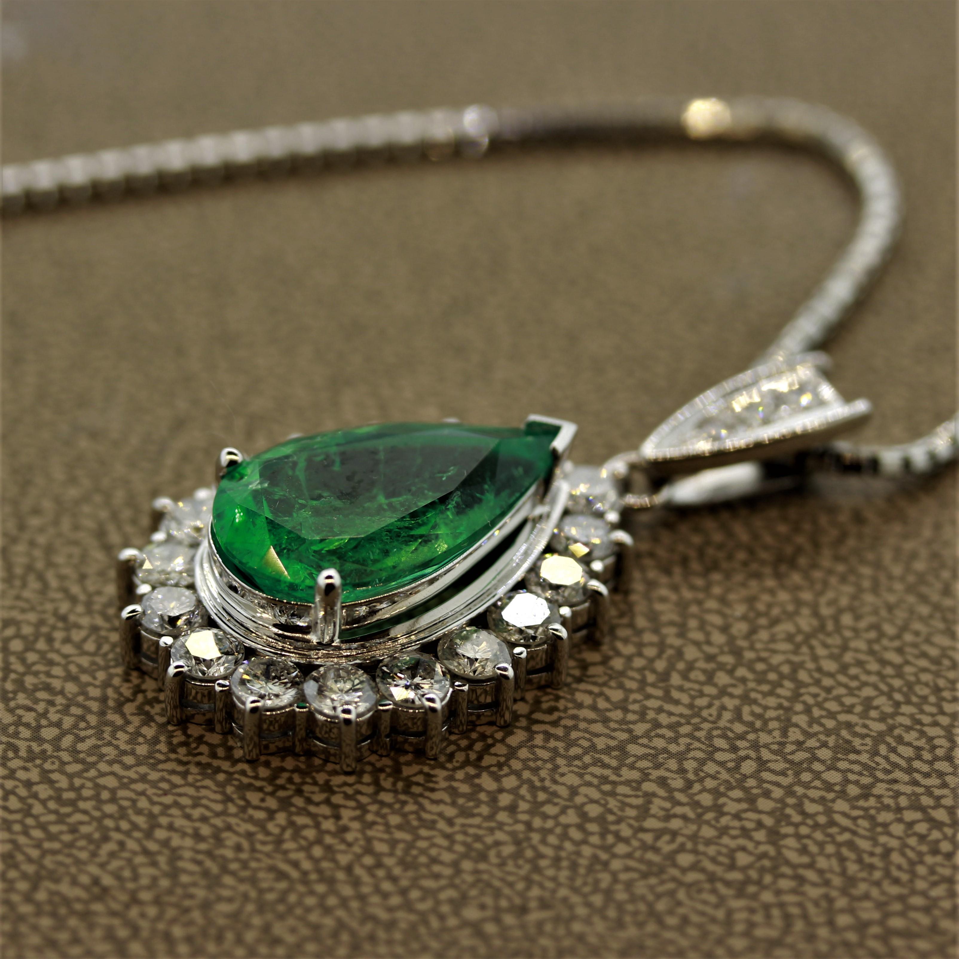 Pear Cut Emerald Diamond Platinum Drop Pendant