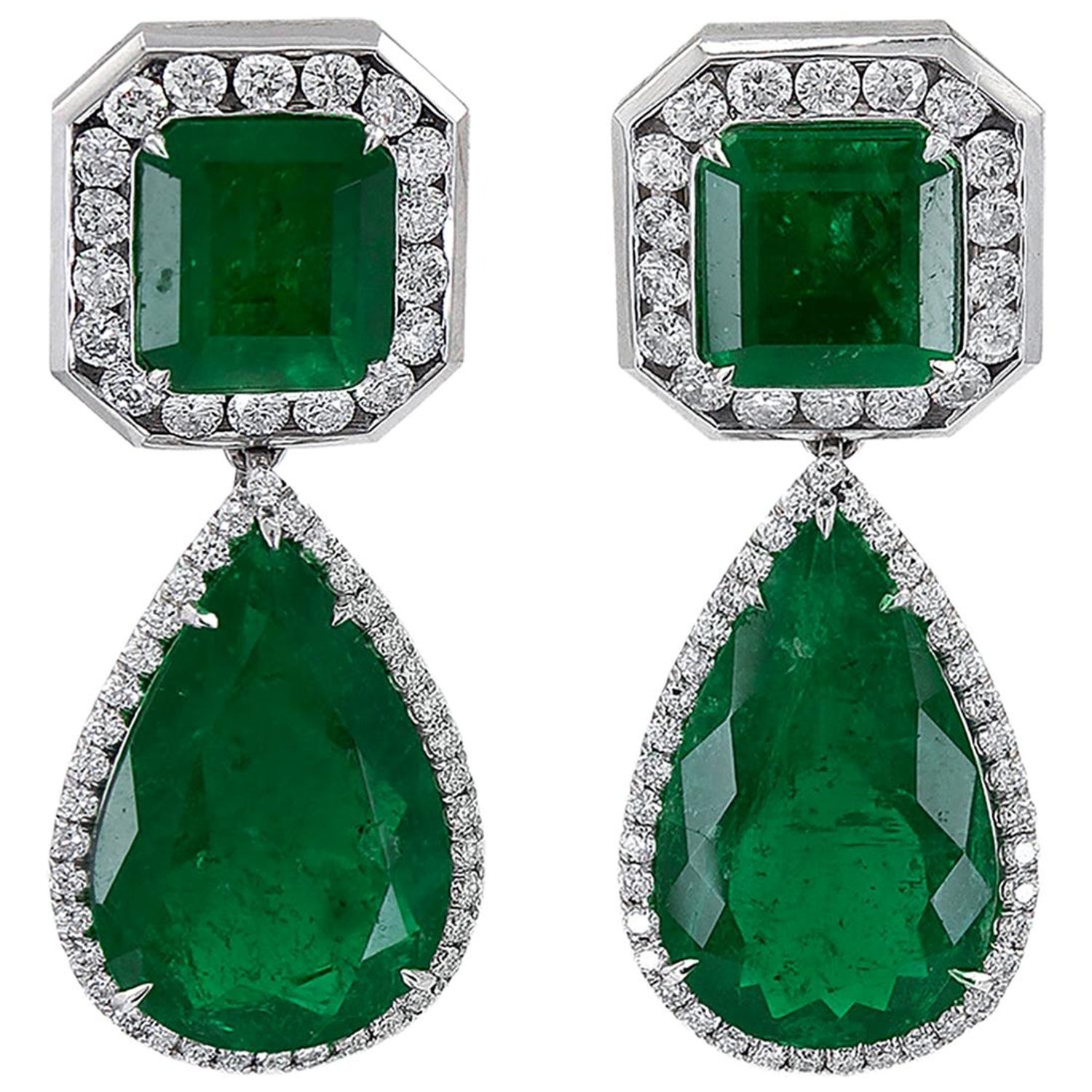 Spectra Fine Jewelry Emerald Diamond Platinum Earrings For Sale at 1stDibs
