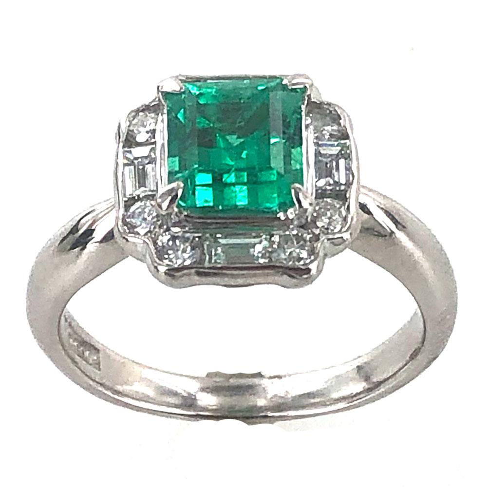 Emerald Cut Columbian Emerald Diamond Platinum Estate Ring AGL Certified