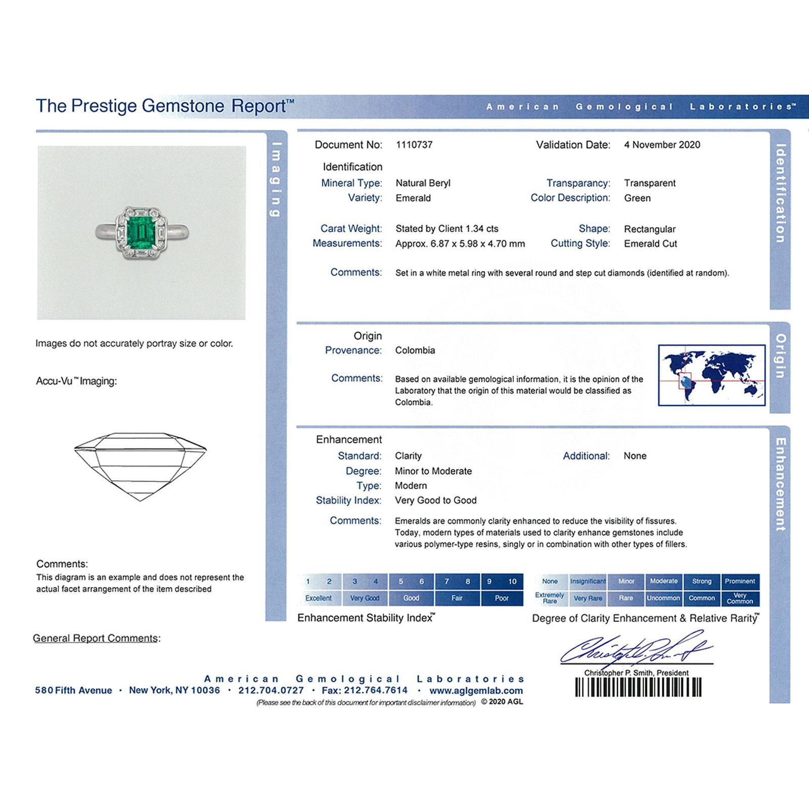 Columbian Emerald Diamond Platinum Estate Ring AGL Certified In Excellent Condition In Boca Raton, FL