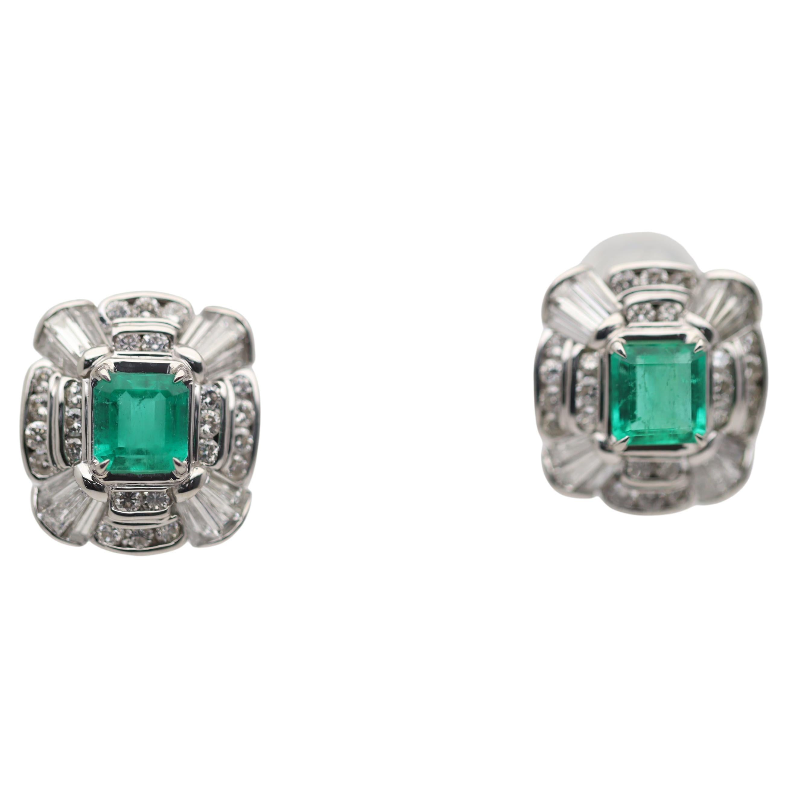 Emerald Diamond Platinum Gold Earrings