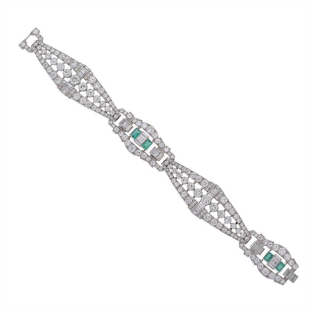 Art Deco Emerald Diamond Platinum Link Bracelet