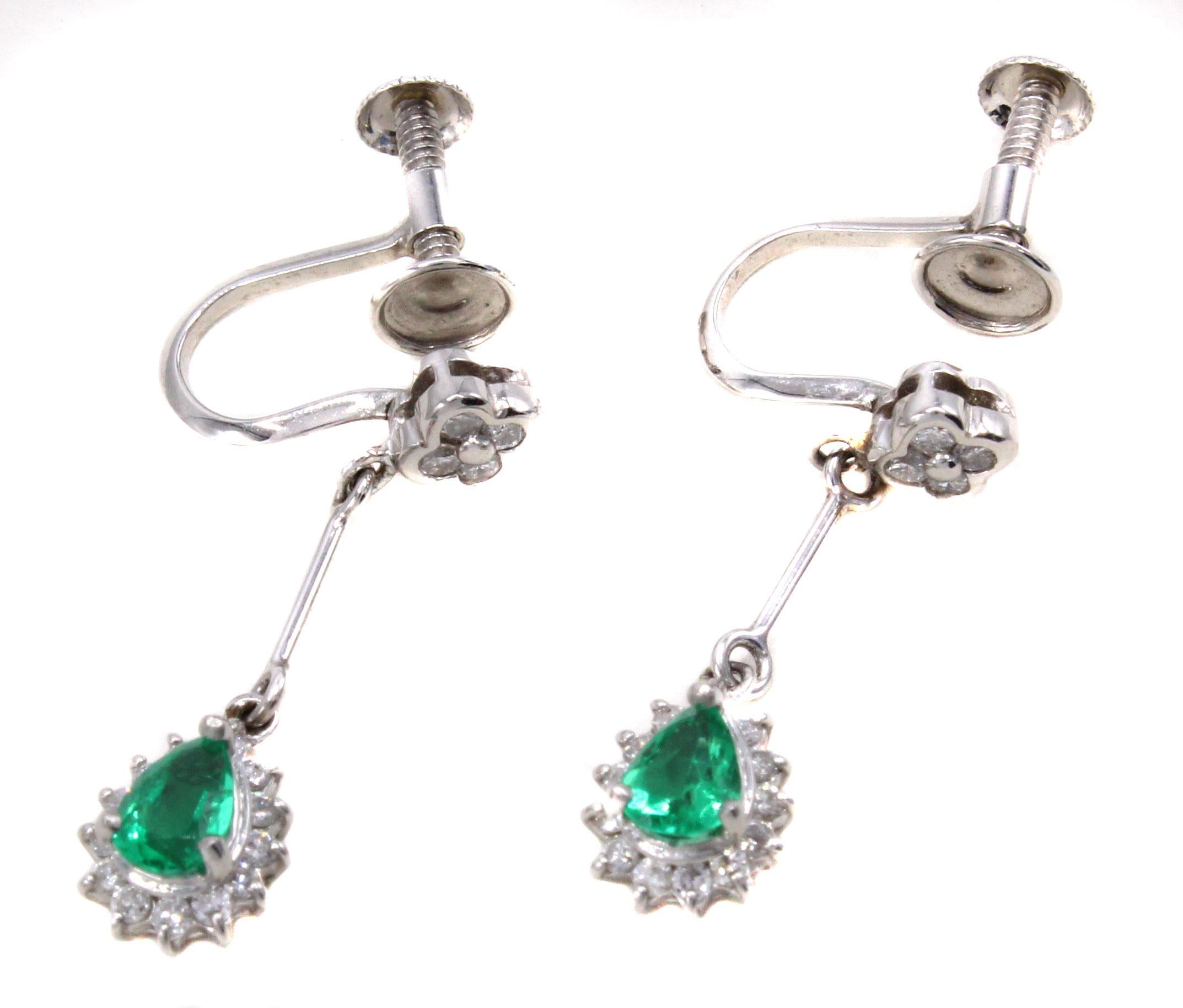 Contemporary Emerald Diamond Platinum Pendant Earrings