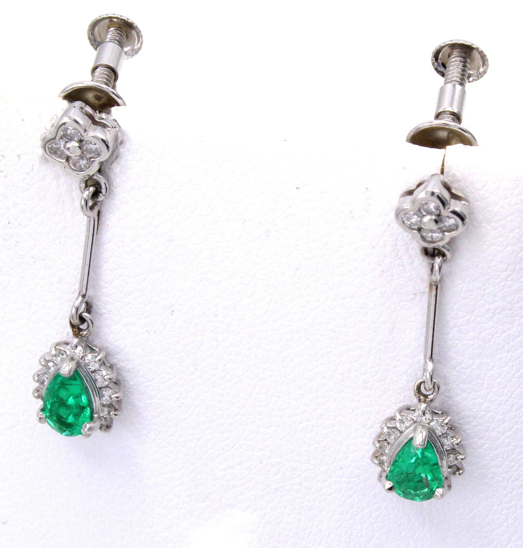 Round Cut Emerald Diamond Platinum Pendant Earrings