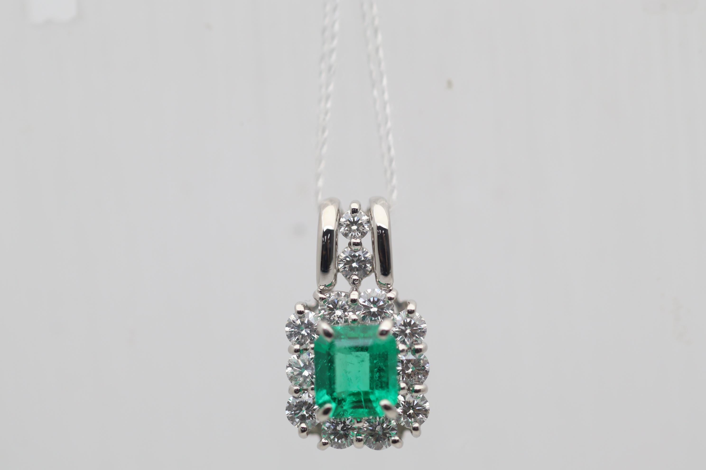 Emerald Cut Emerald Diamond Platinum Pendant For Sale