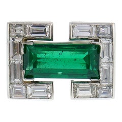 Antique Emerald Diamond Platinum Ring, 1980s