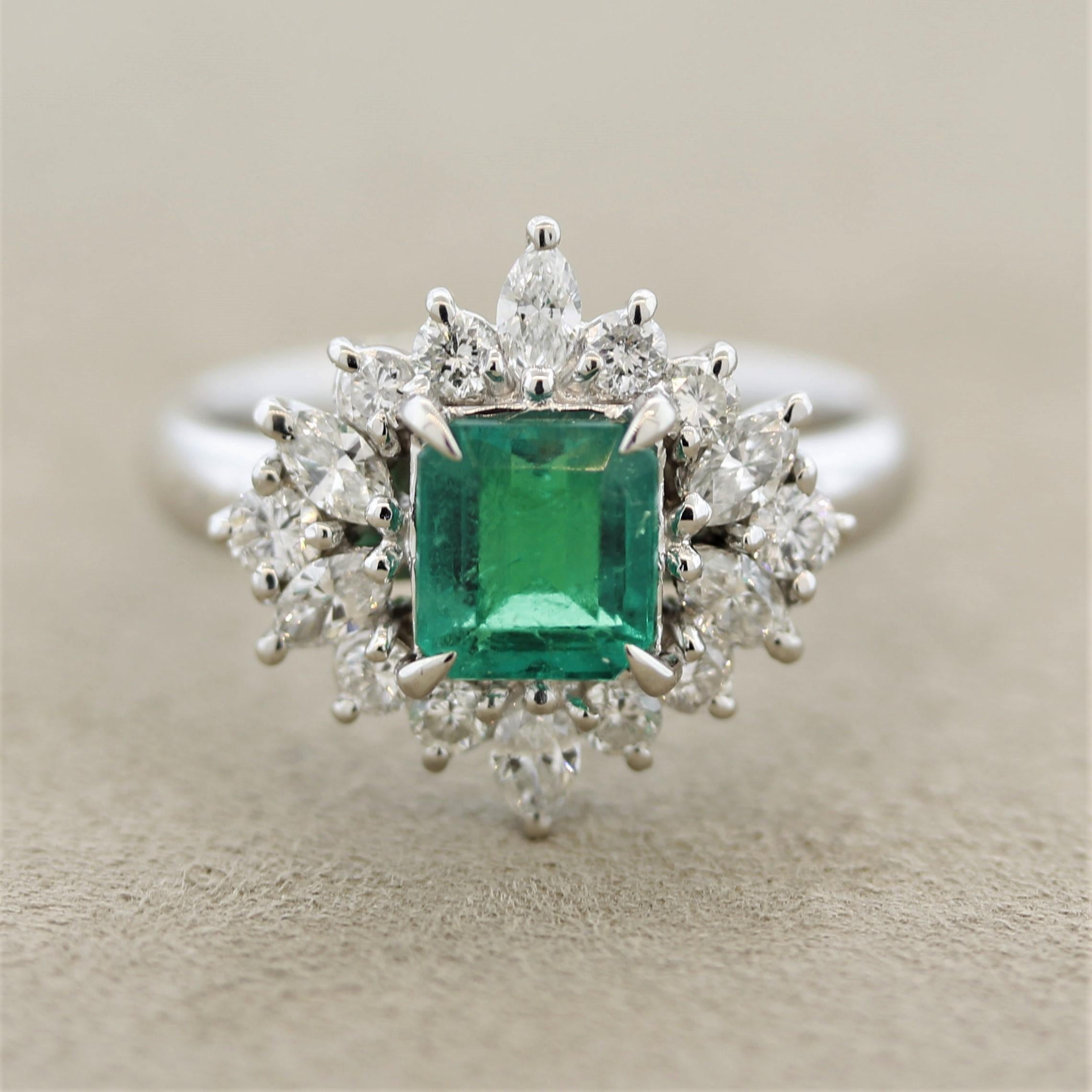 Mixed Cut Emerald Diamond Platinum Ring For Sale