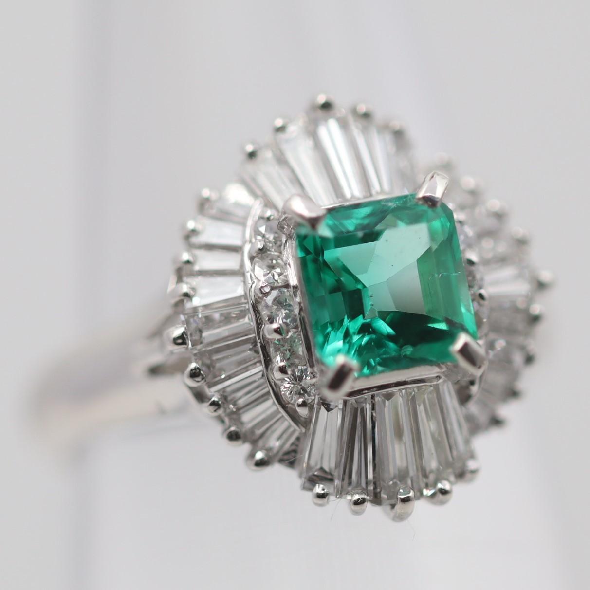 Mixed Cut Emerald Diamond Platinum Ring For Sale