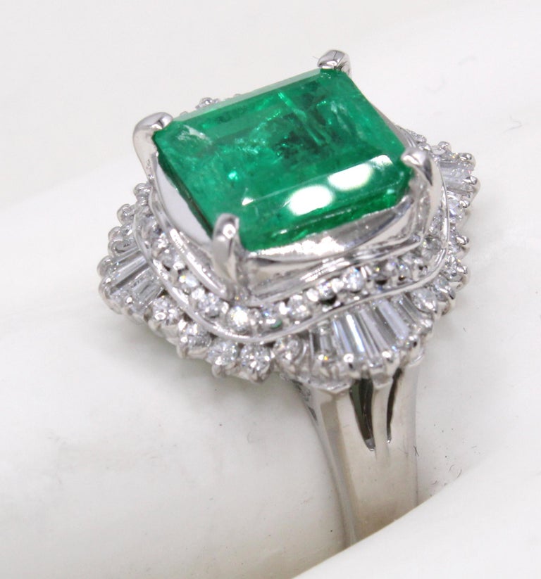 Emerald Cut Emerald Diamond Platinum Ring For Sale