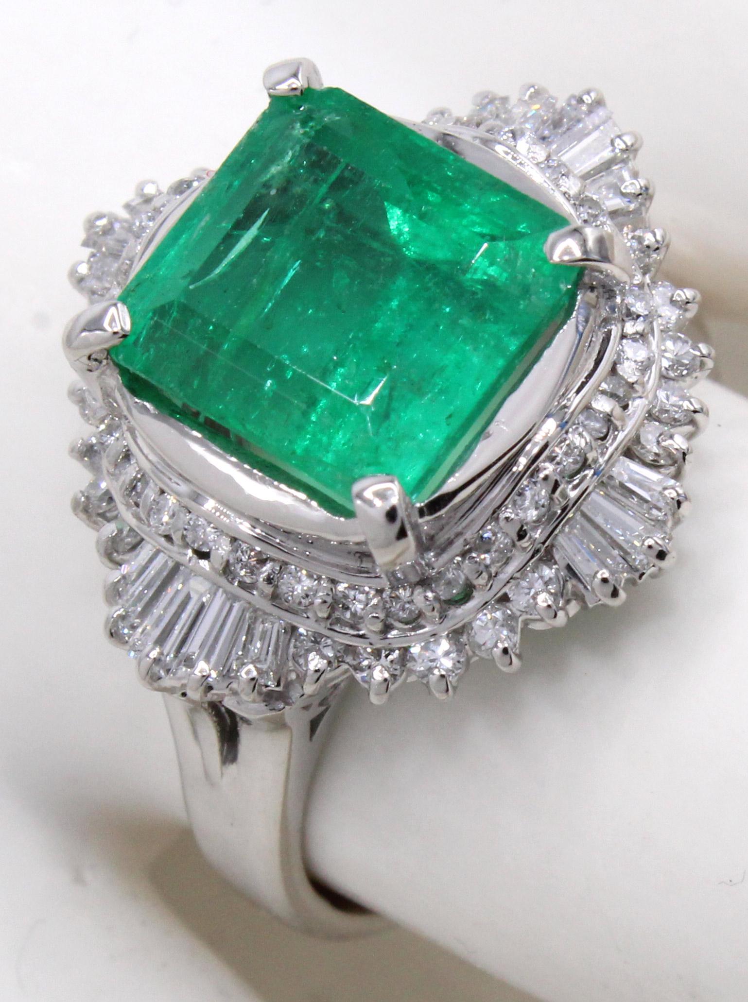 Emerald Cut Emerald Diamond Platinum Ring For Sale