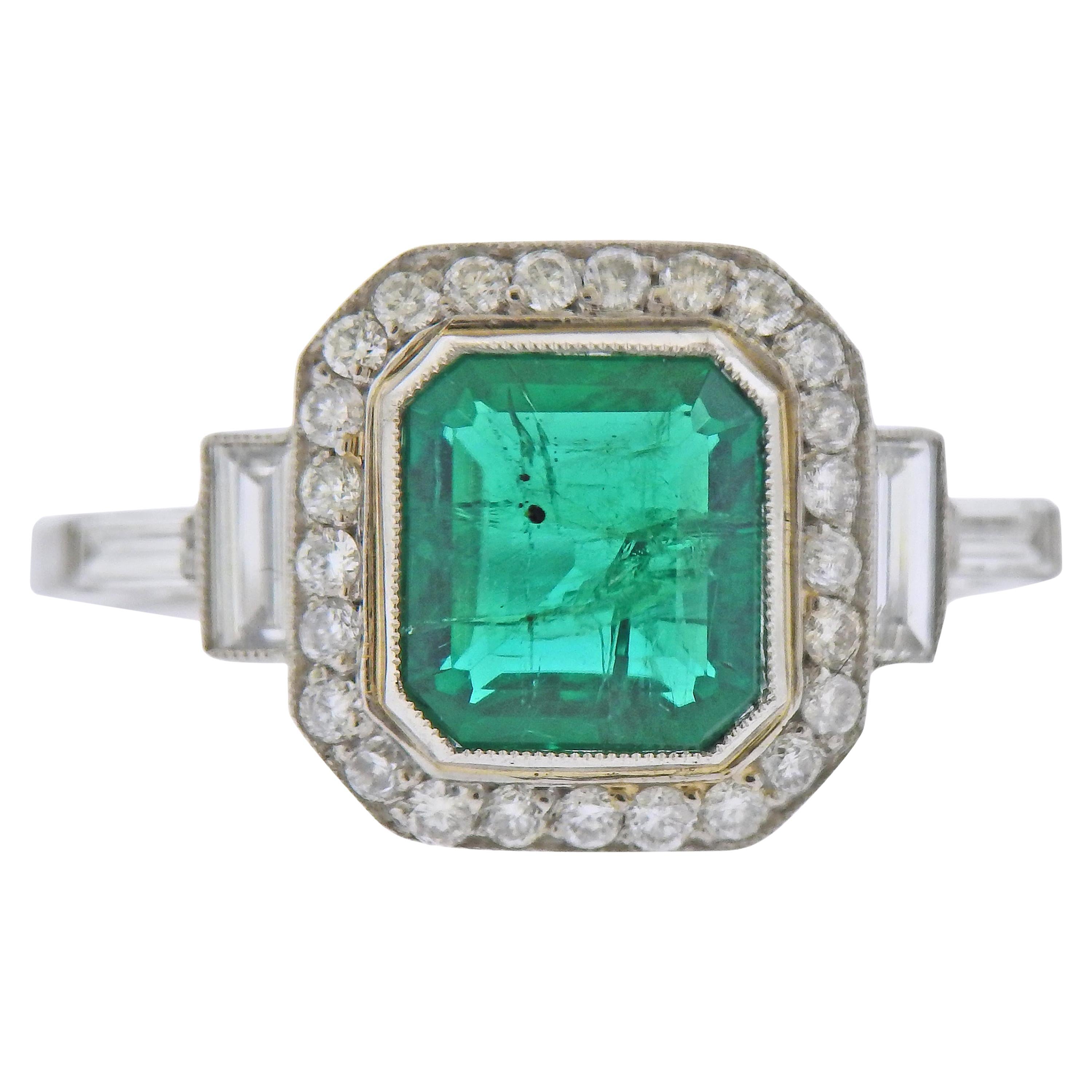 Emerald Diamond Platinum Ring For Sale