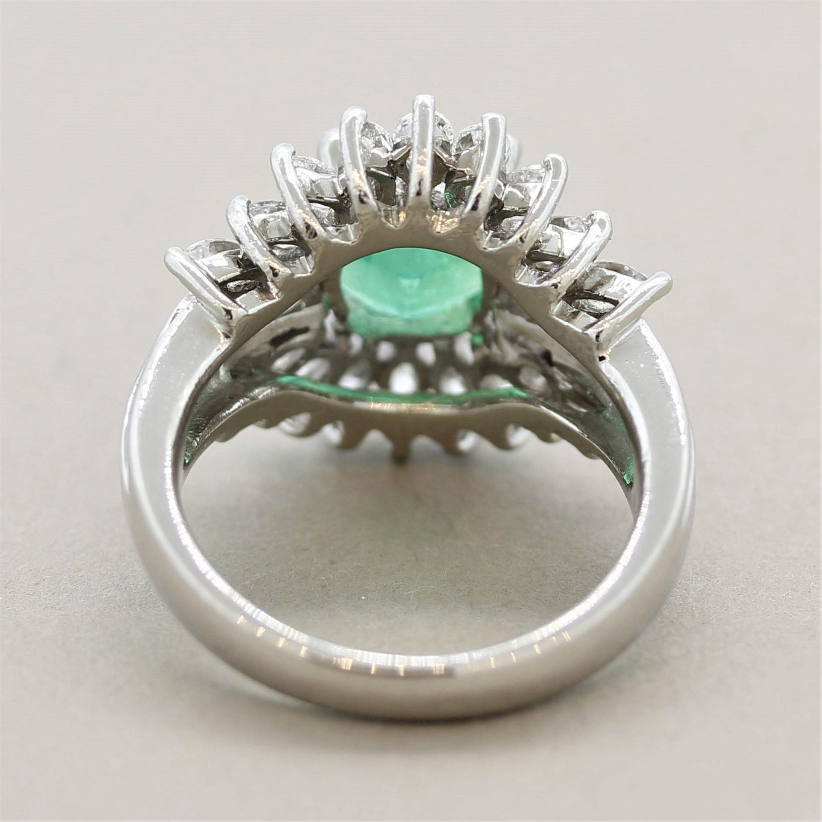 Mixed Cut Emerald Diamond Platinum “Sunburst” Ring For Sale