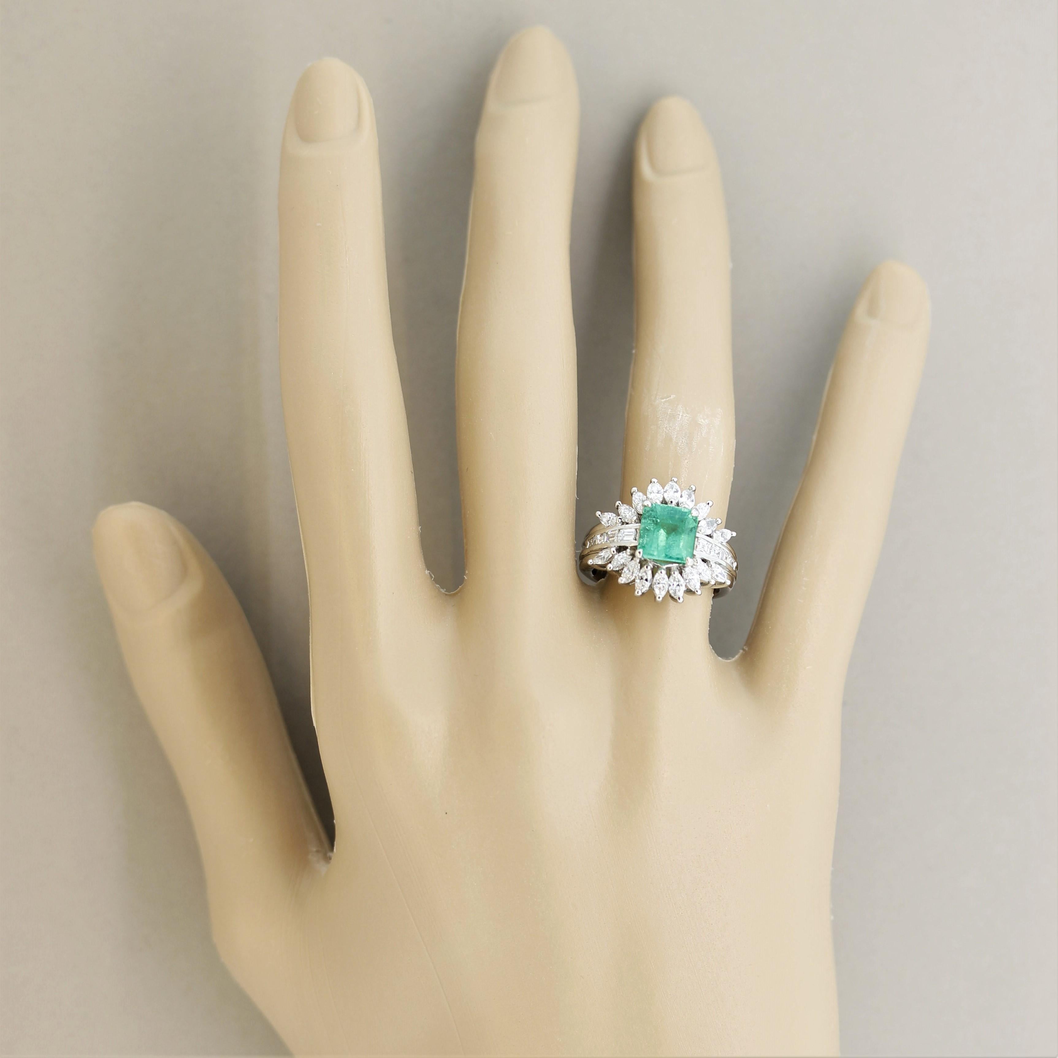 Women's Emerald Diamond Platinum “Sunburst” Ring For Sale