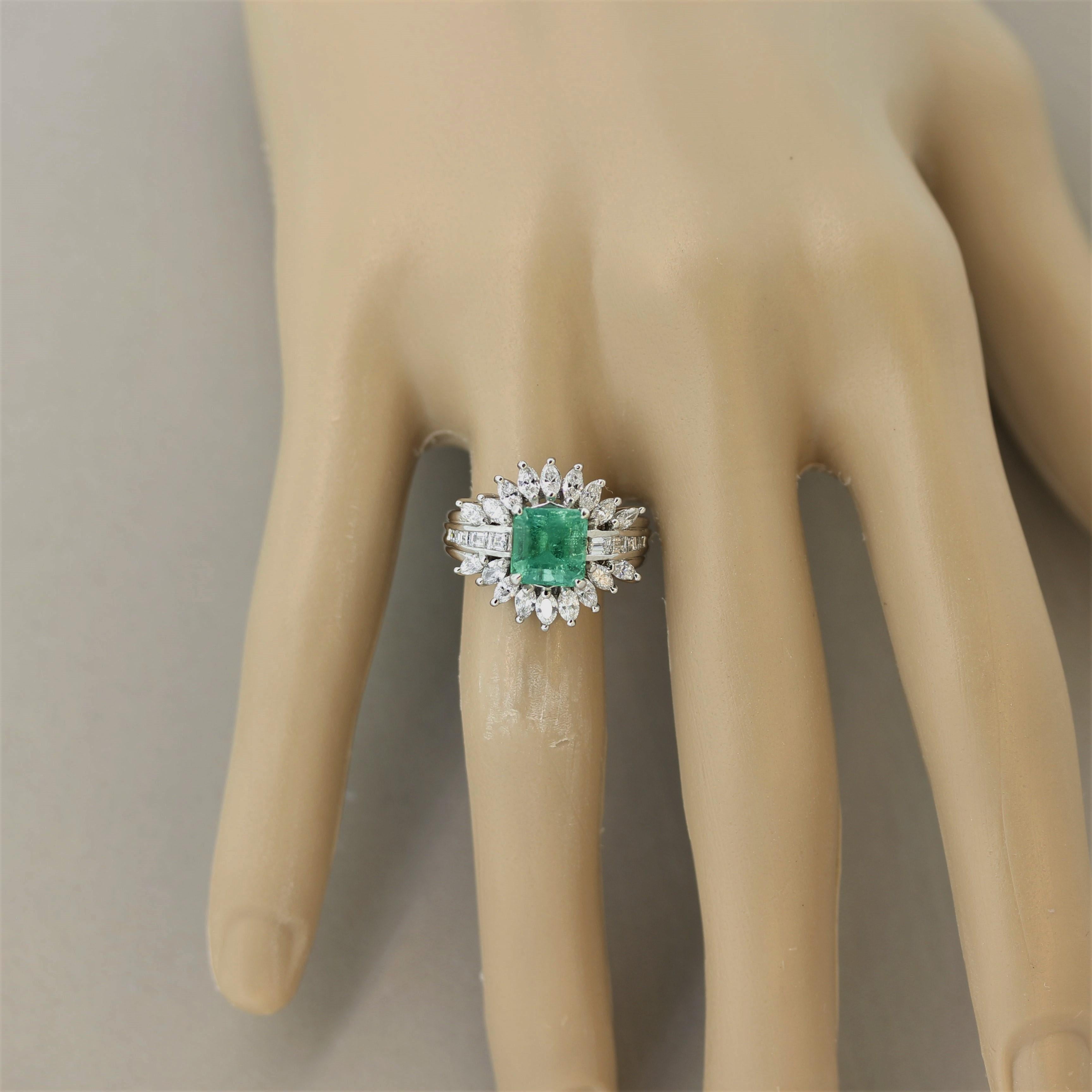 Emerald Diamond Platinum “Sunburst” Ring For Sale 1