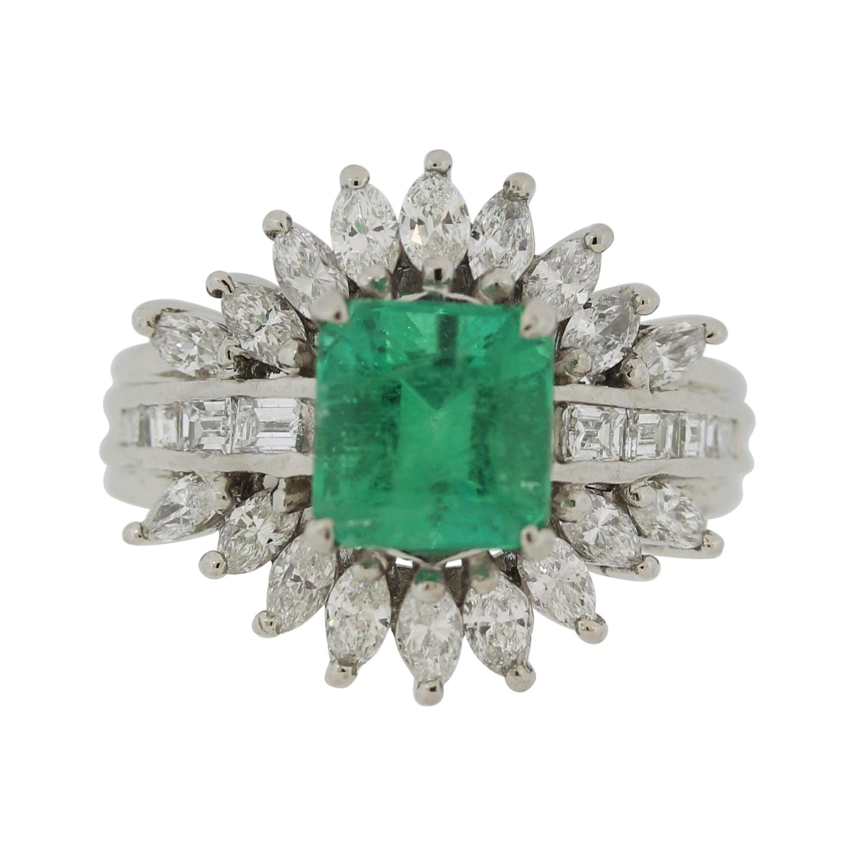 Emerald Diamond Platinum “Sunburst” Ring For Sale