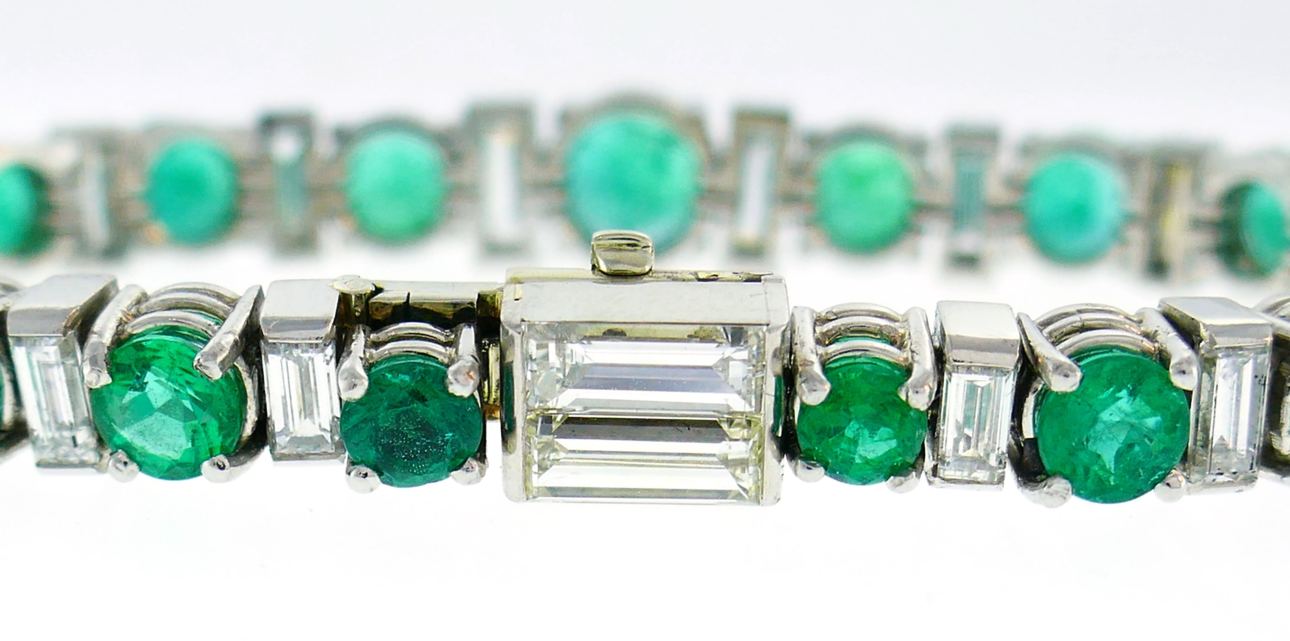 Emerald Diamond Platinum Tennis Line Bracelet, 1950s, French 2