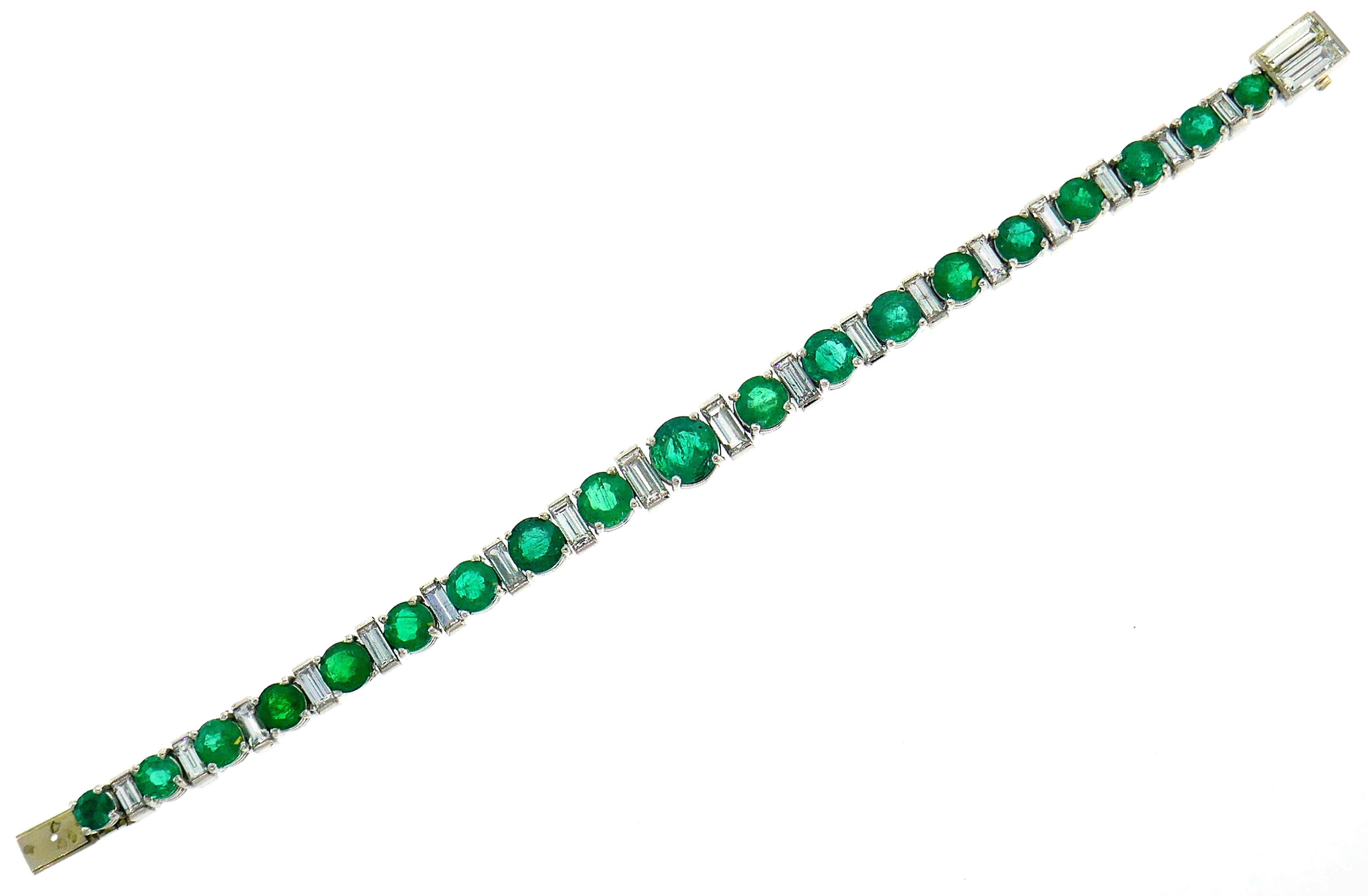 Emerald Diamond Platinum Tennis Line Bracelet, 1950s, French 3