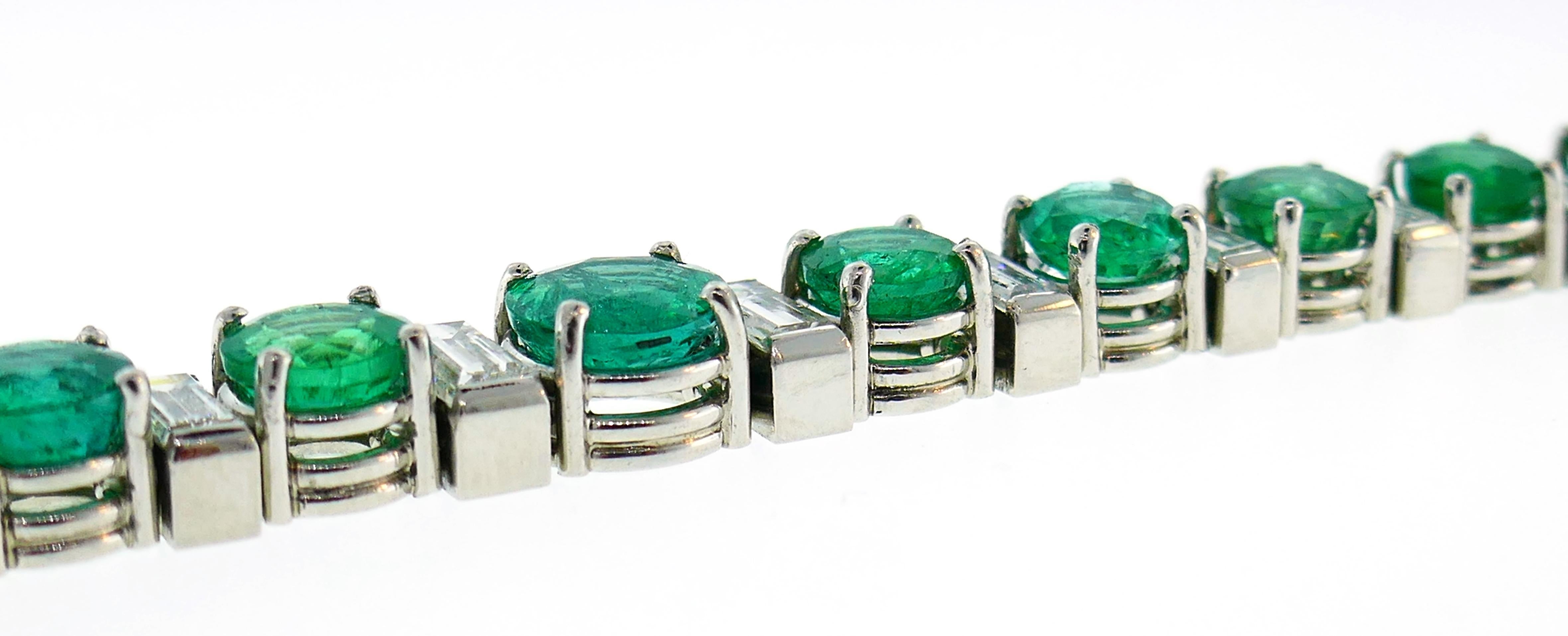 Emerald Diamond Platinum Tennis Line Bracelet, 1950s, French 4