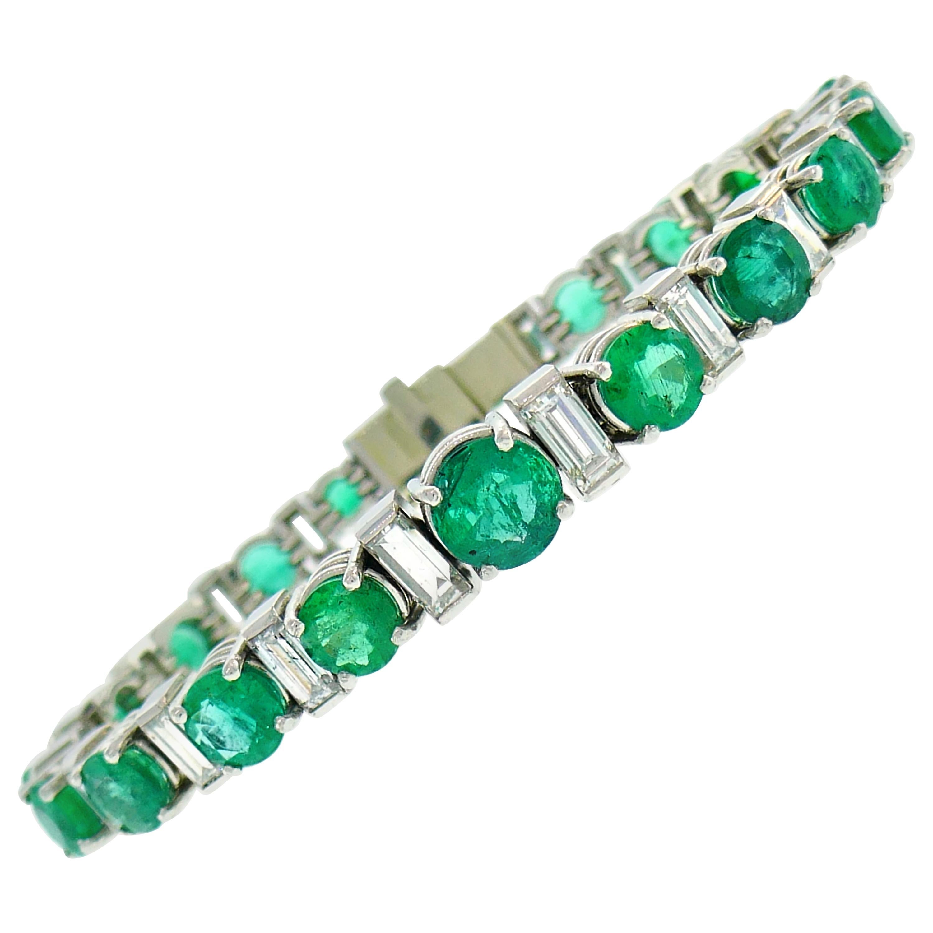 Emerald Diamond Platinum Tennis Line Bracelet, 1950s, French