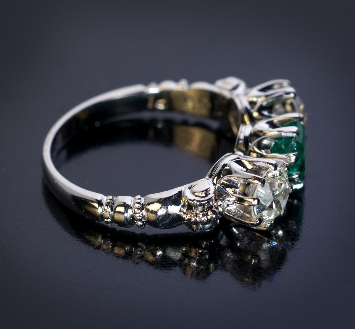 Art Deco Emerald Diamond Platinum Three-Stone Ring, 1930s
