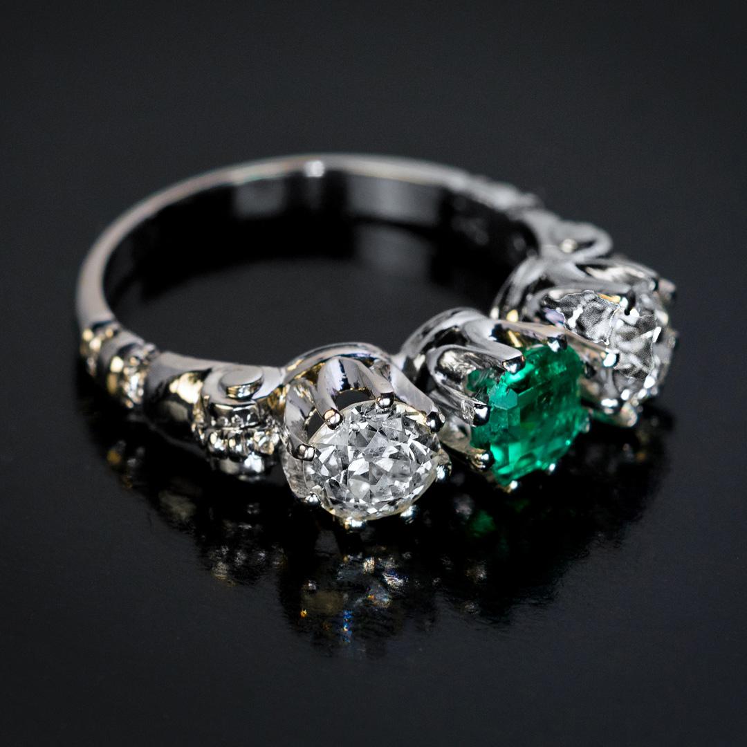 Women's Emerald Diamond Platinum Three-Stone Ring, 1930s