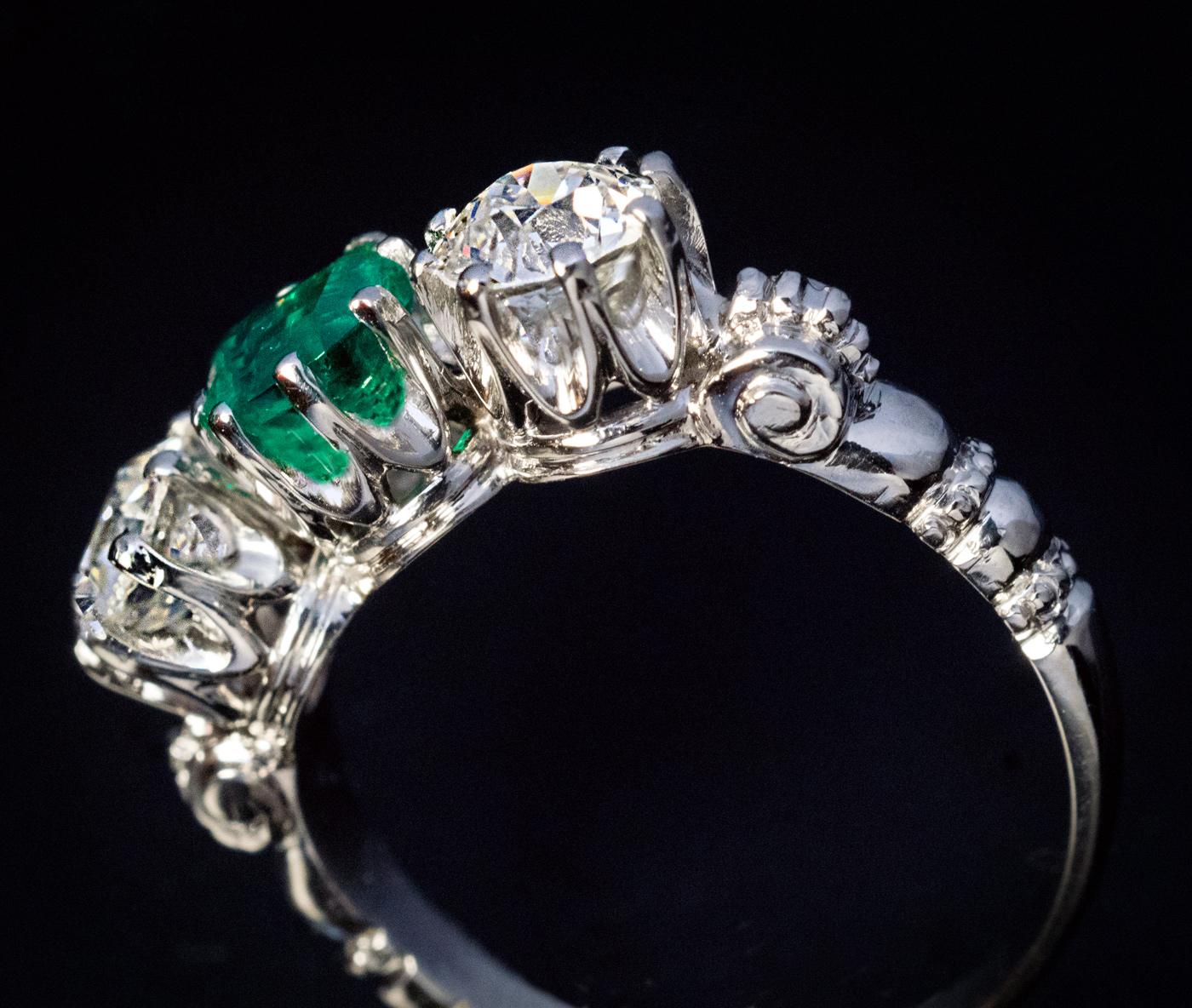 Emerald Diamond Platinum Three-Stone Ring, 1930s 1