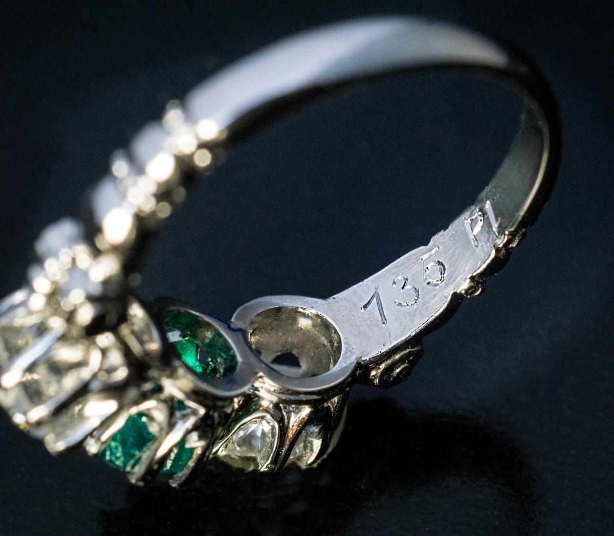 Emerald Diamond Platinum Three-Stone Ring, 1930s 2