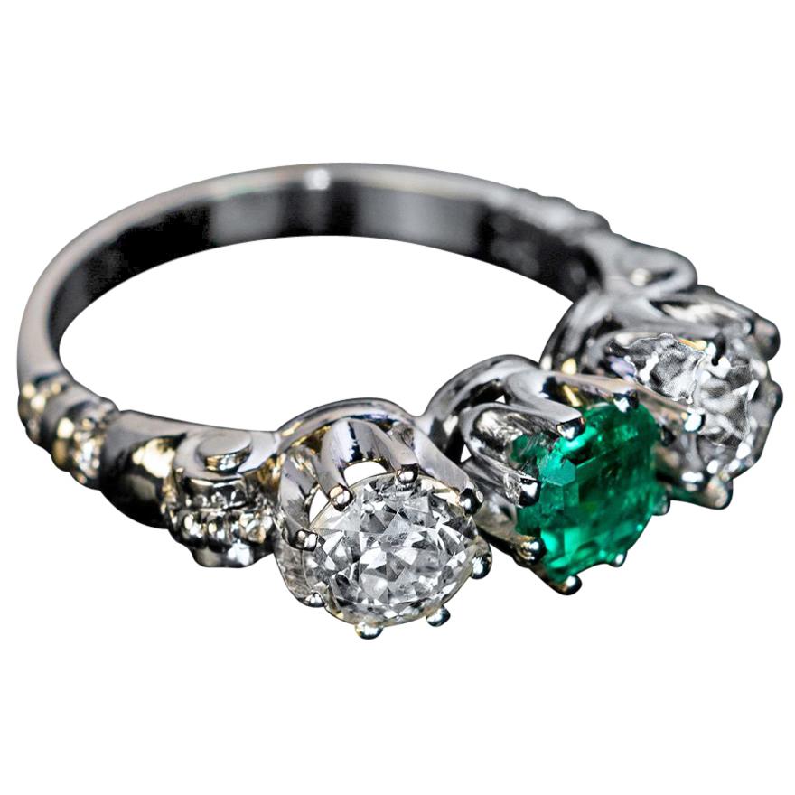 Emerald Diamond Platinum Three-Stone Ring, 1930s