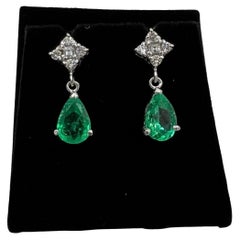 Emerald Diamond Platinum White Gold Drop Earrings 