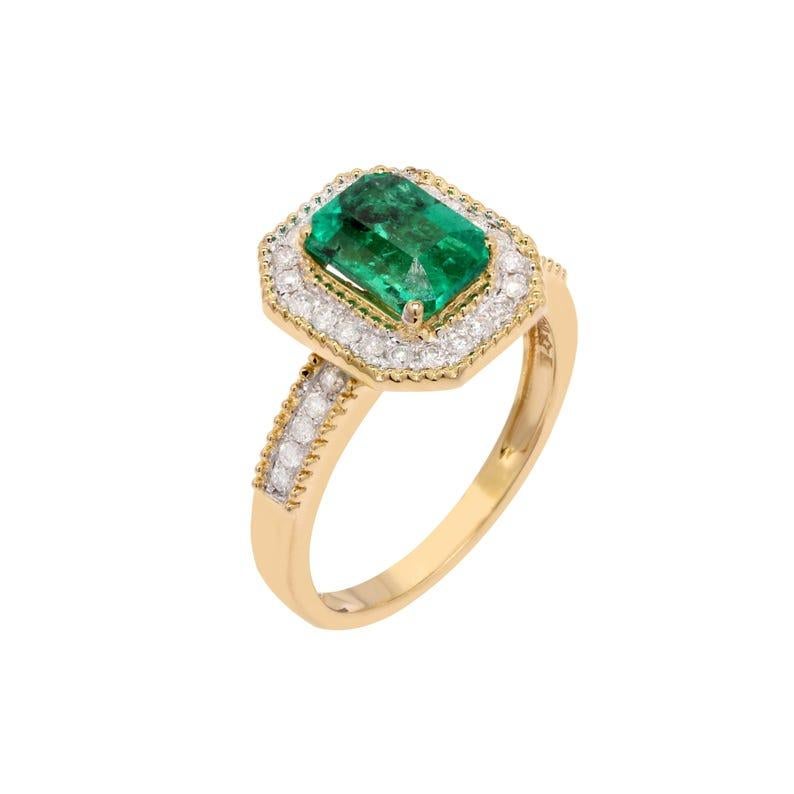 Goldring mit Smaragd und Diamant in Krappen gefasst / natürlicher Smaragd-Halo-Diamant in Goldring Damen im Angebot