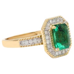 Emerald diamond prong set gold ring / Natural emerald halo diamond gold ring