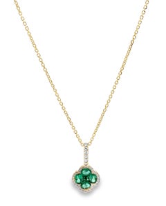 Emerald & Diamond Quatrefoil Clover Pendant, Link Chain Necklace 14K Yellow Gold