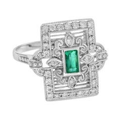 Emerald Diamond Rectangle Door Shape Scrollwork Edwardian Style White Gold Ring
