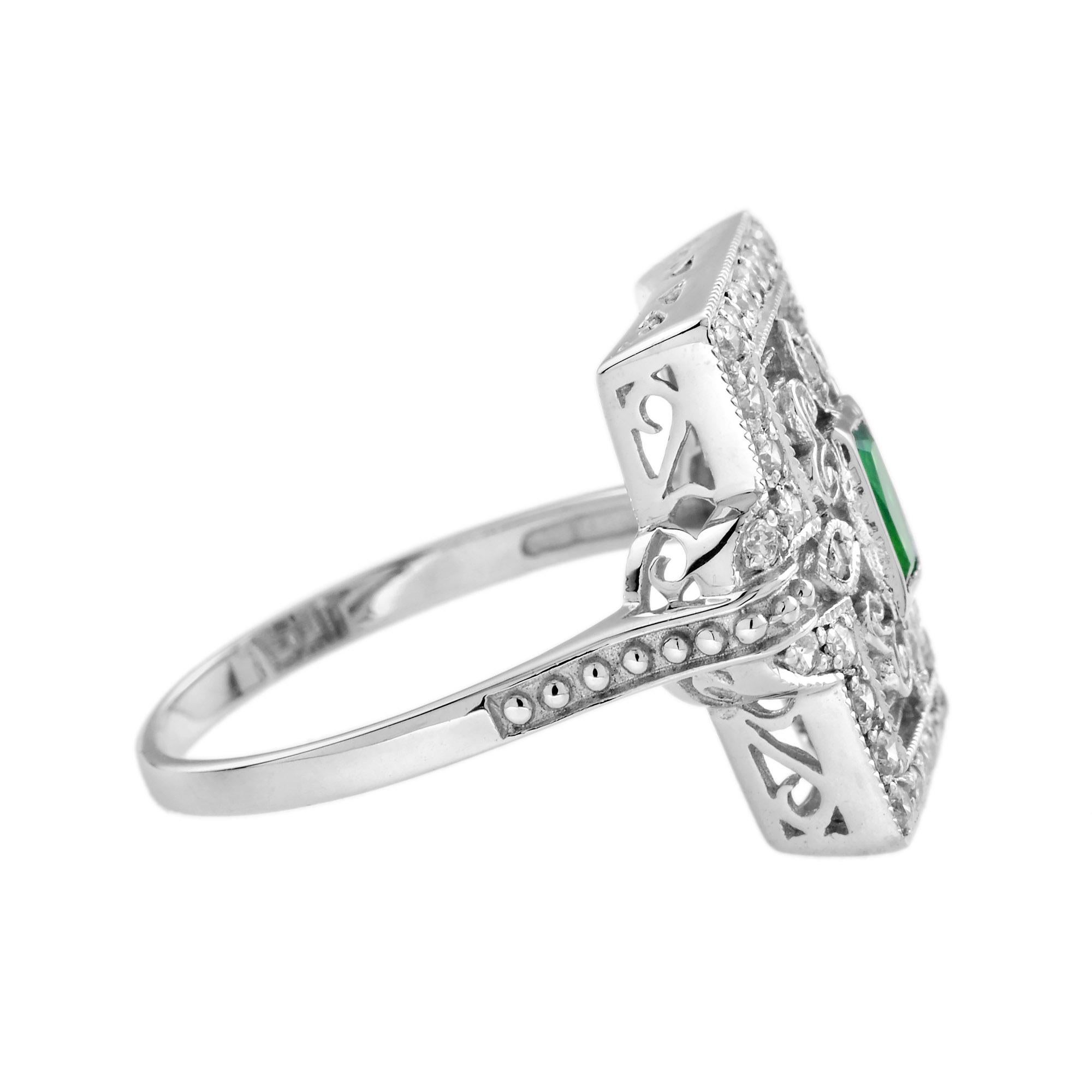 Art Deco Emerald Diamond Rectangle Door Shape Scrollwork Edwardian Style White Gold Ring For Sale