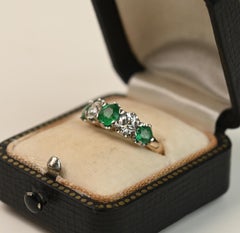 Round Cut Emerald and Diamond Ring. Five Stone Engagement Ring Platinum 18K Gold