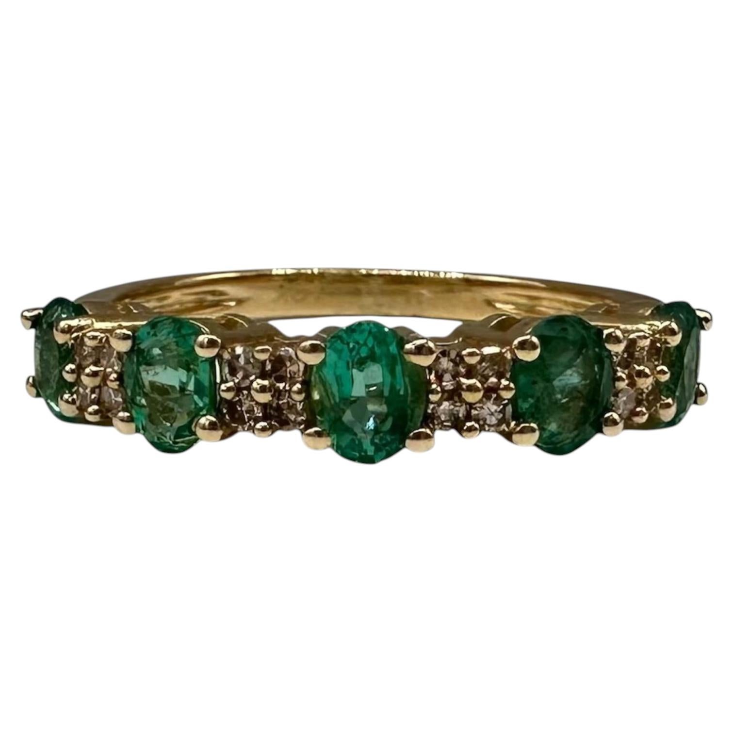 Emerald Diamond Ring 10kt Yellow Gold Five Stone Size 6 New For Sale